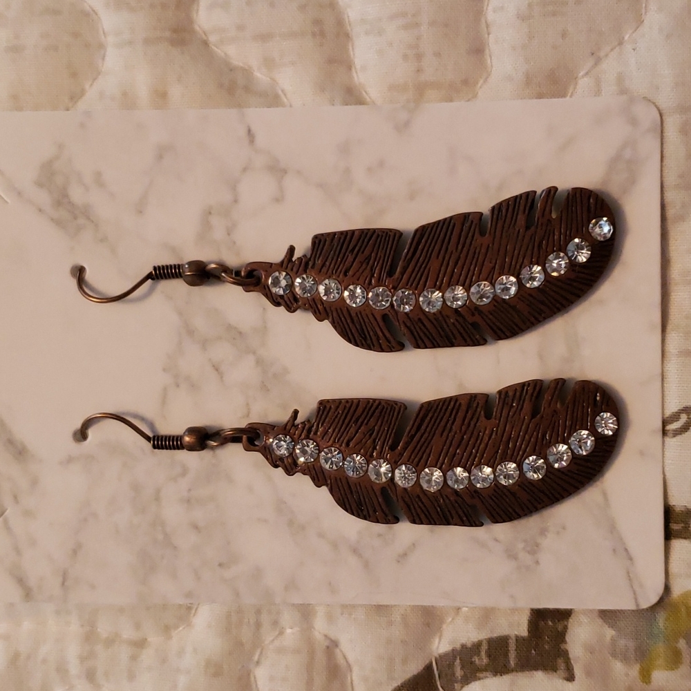 Bronze and rhinestone feather earrings